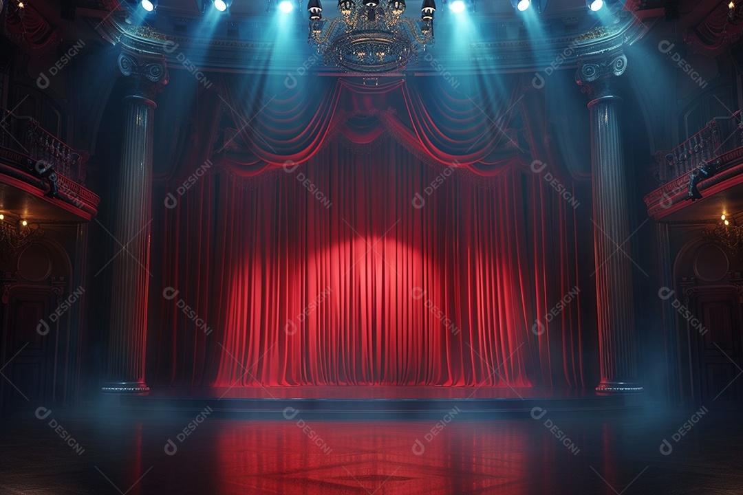 Palco de teatro com cortinas vermelhas e holofotes