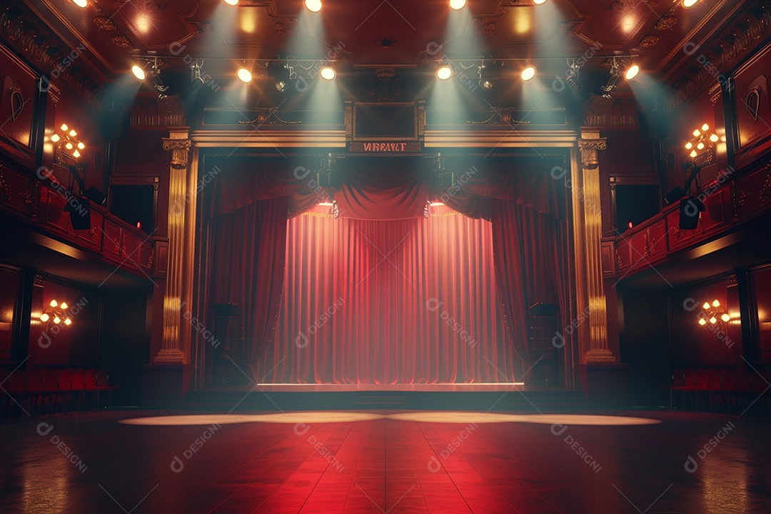 Palco de teatro com cortinas vermelhas e holofotes