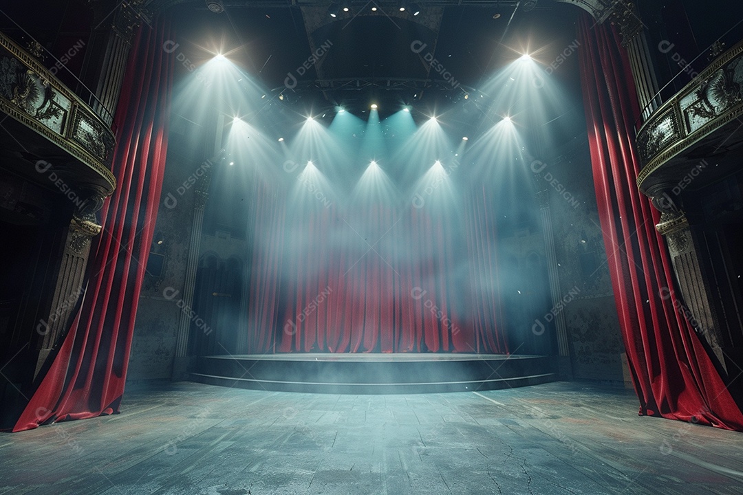 Palco de teatro com cortinas vermelhas e holofotes