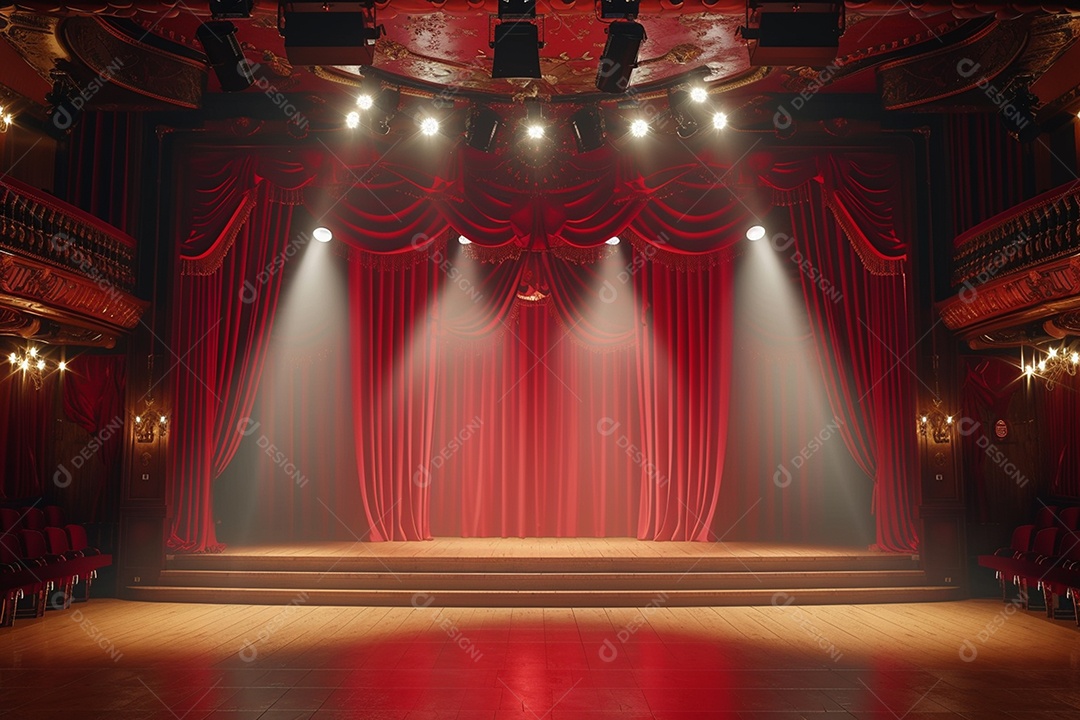 Palco de teatro com cortinas vermelhas e holofotes