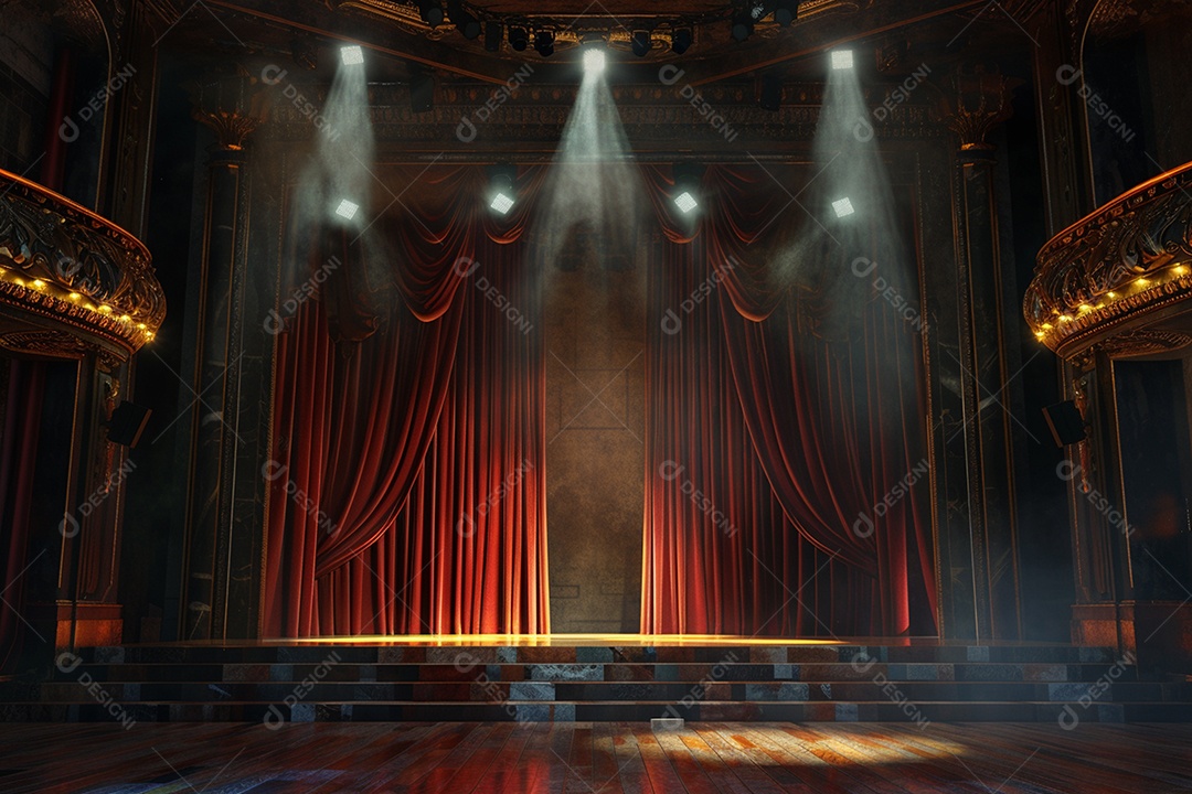 Palco de teatro com cortinas vermelhas e holofotes