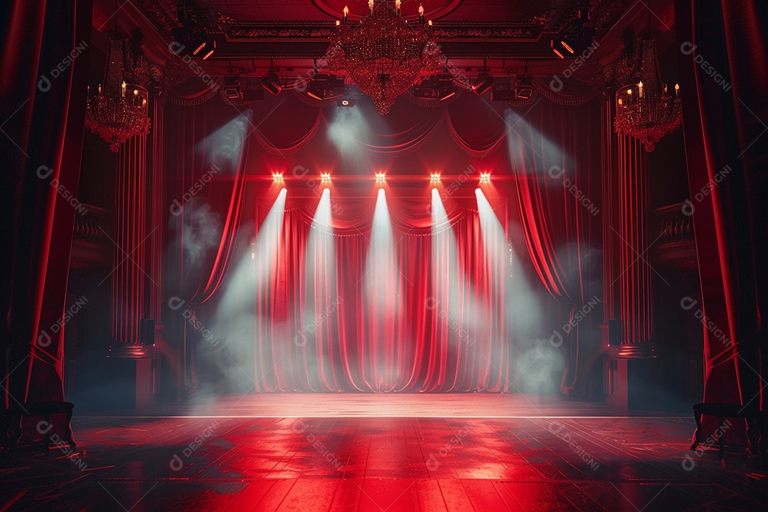 Palco de teatro com cortinas vermelhas e holofotes