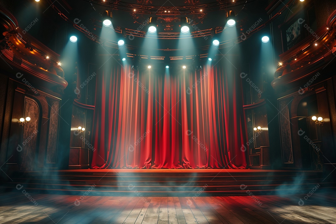 Palco de teatro com cortinas vermelhas e holofotes