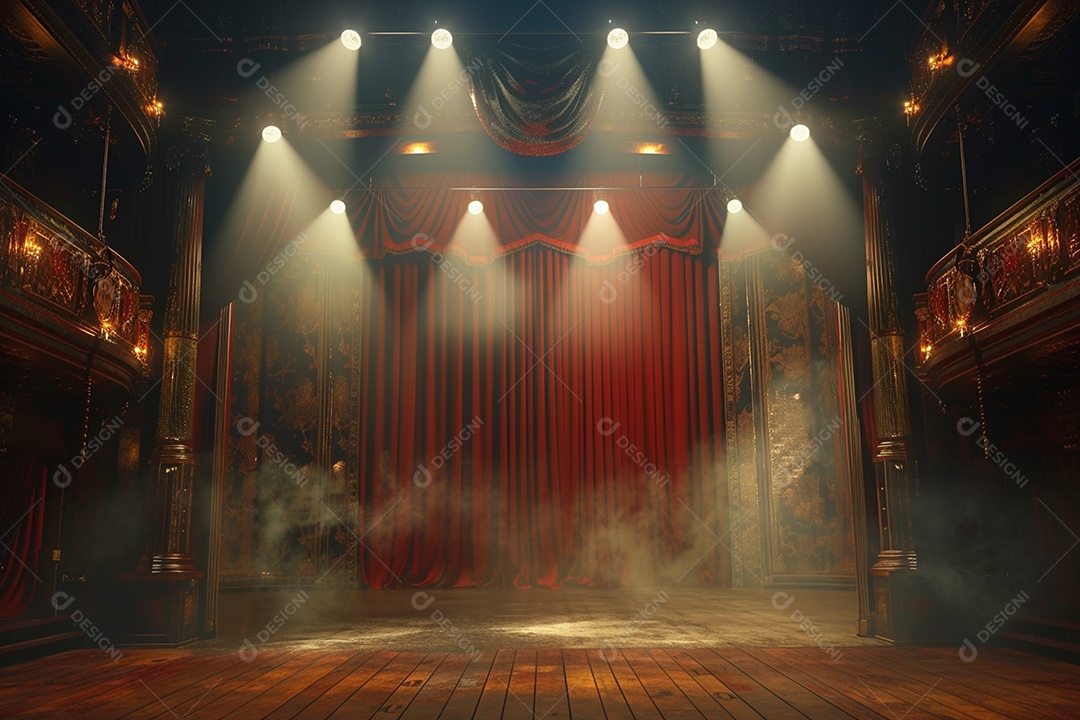 Palco de teatro com cortinas vermelhas e holofotes