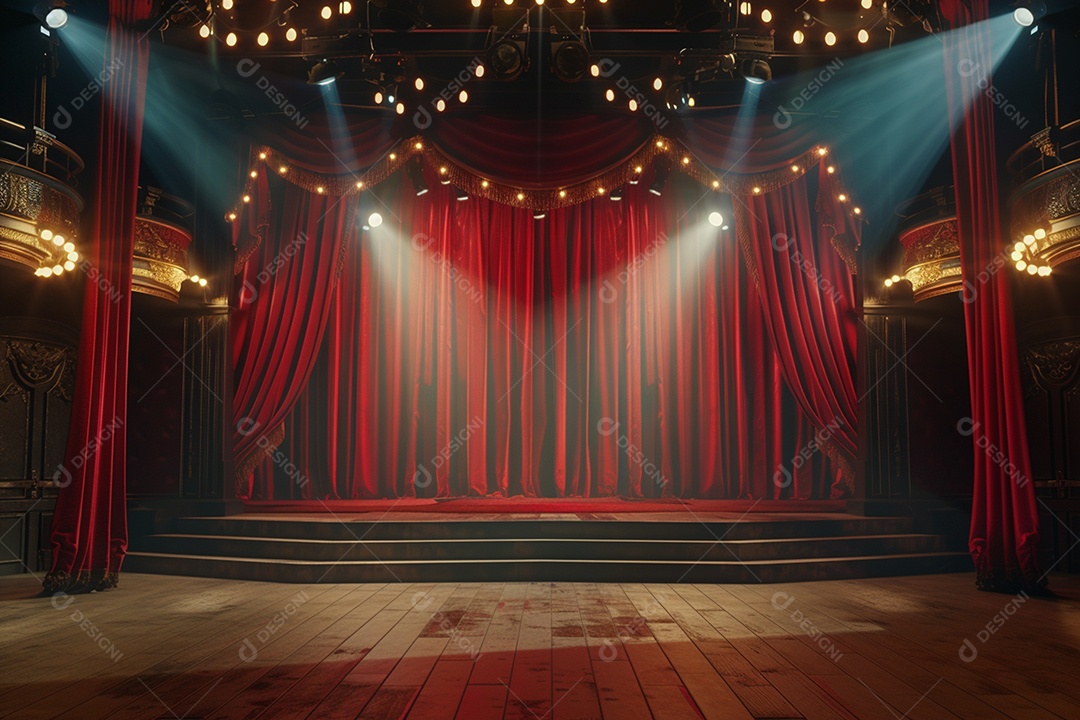 Palco de teatro com cortinas vermelhas e holofotes
