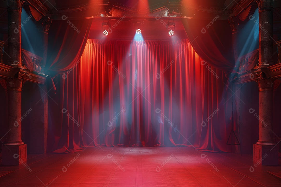 Palco de teatro com cortinas vermelhas e holofotes