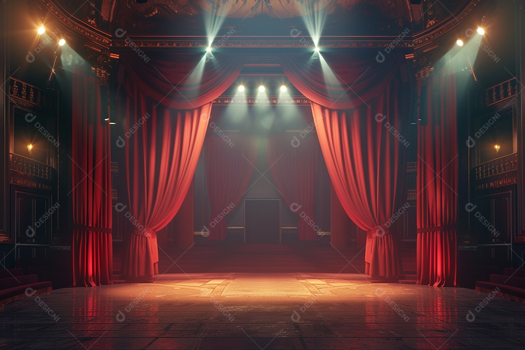 Palco de teatro com cortinas vermelhas e holofotes