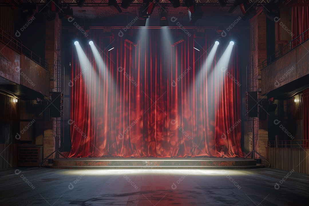 Palco de teatro com cortinas vermelhas e holofotes