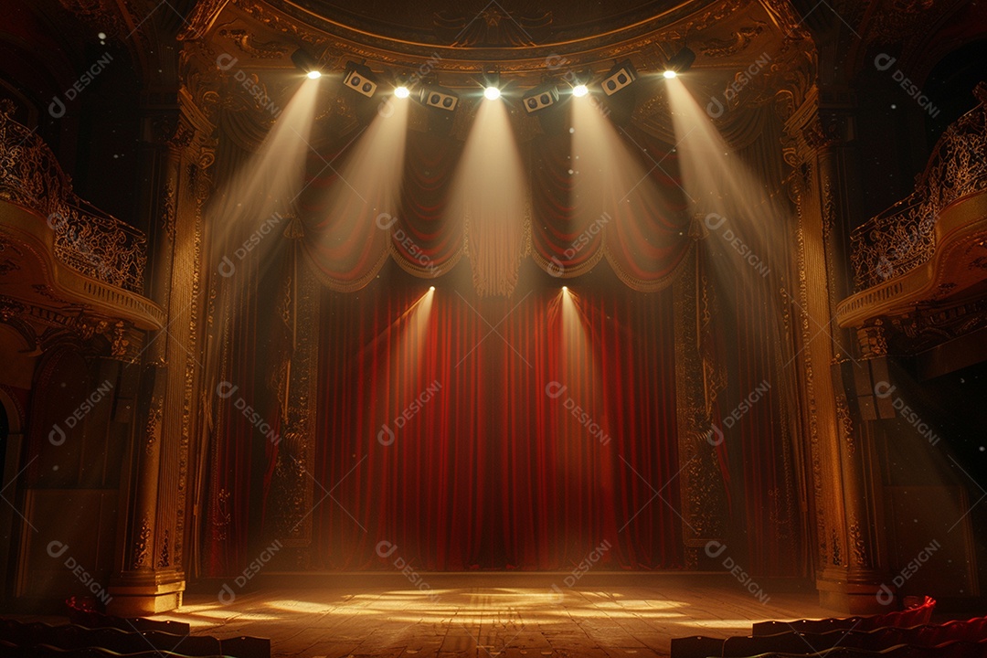Palco de teatro com cortinas vermelhas e holofotes