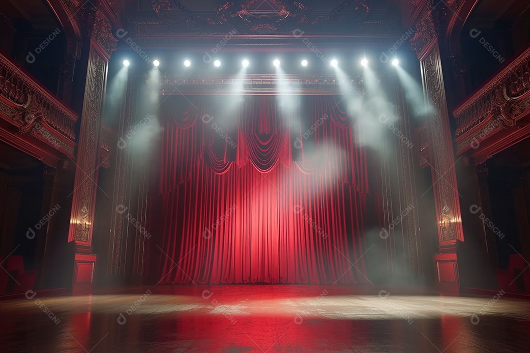 Palco de teatro com cortinas vermelhas e holofotes