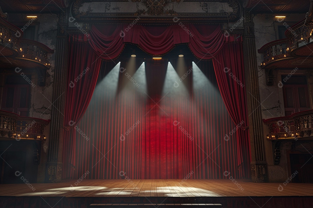 Palco de teatro com cortinas vermelhas e holofotes