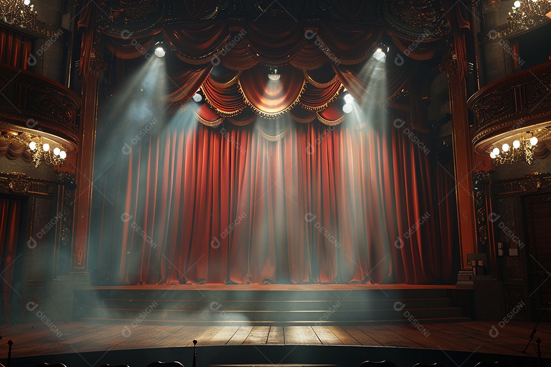 Palco de teatro com cortinas vermelhas e holofotes