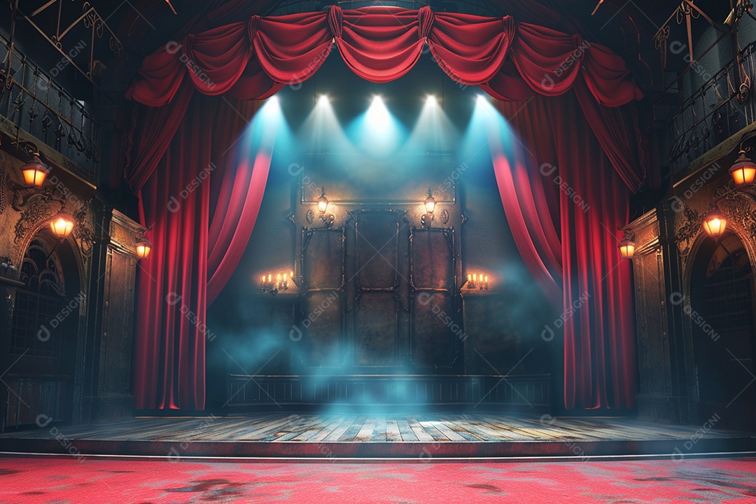 Palco de teatro com cortinas vermelhas e holofotes
