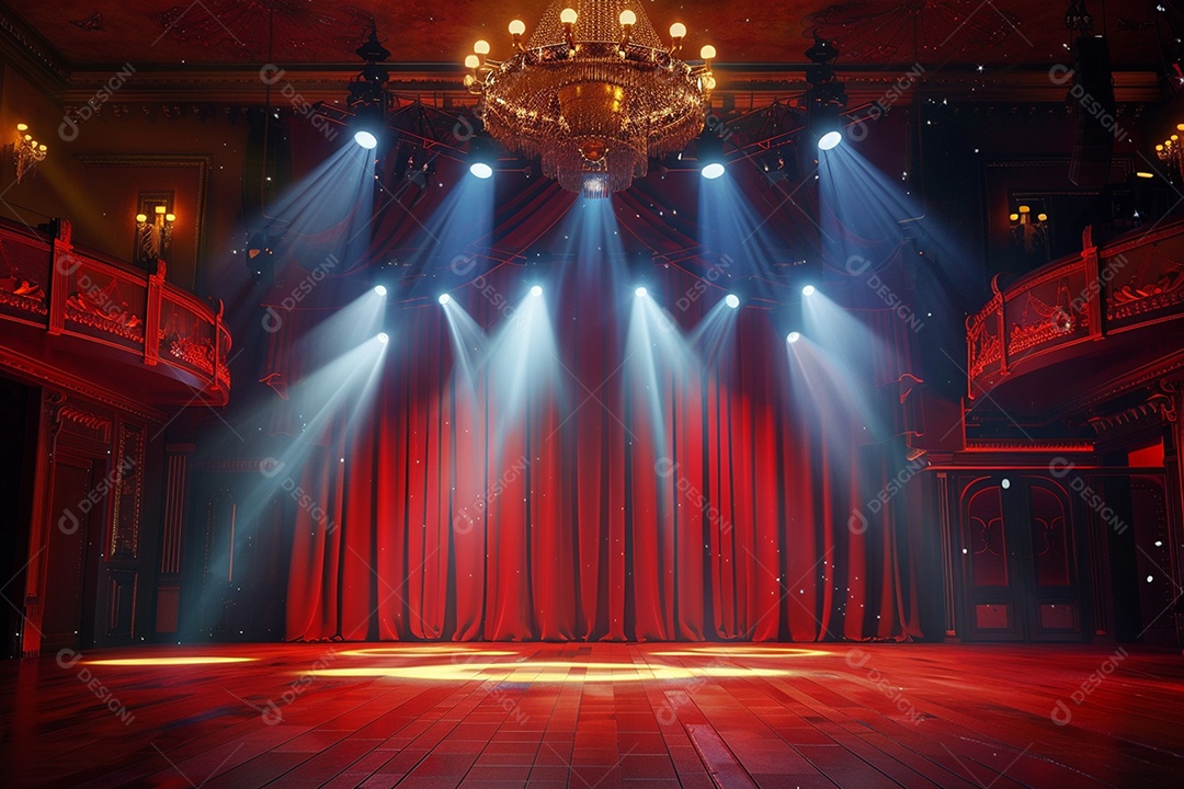 Palco de teatro com cortinas vermelhas e holofotes