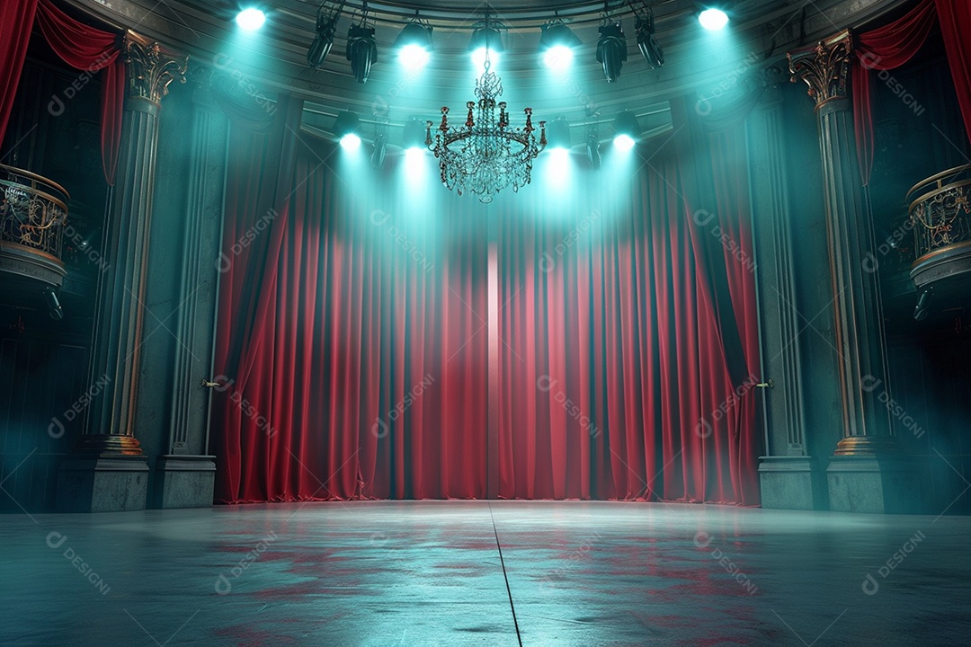 Palco de teatro com cortinas vermelhas e holofotes