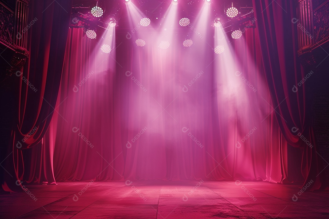 Palco de teatro com cortinas vermelhas e holofotes