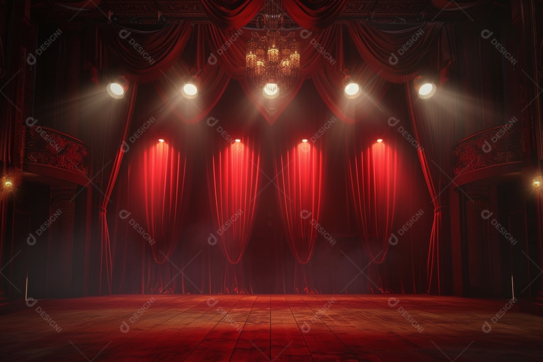 Palco de teatro com cortinas vermelhas e holofotes