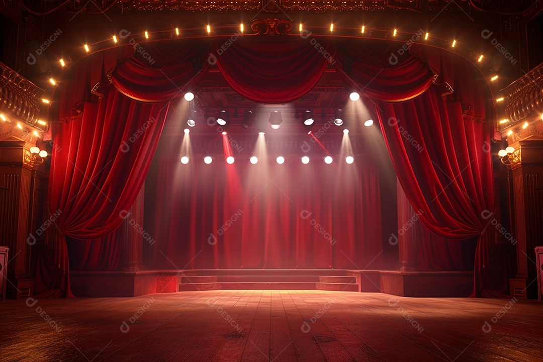 Palco de teatro com cortinas vermelhas e holofotes