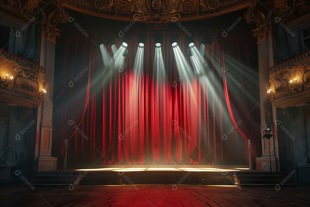 Palco de teatro com cortinas vermelhas e holofotes