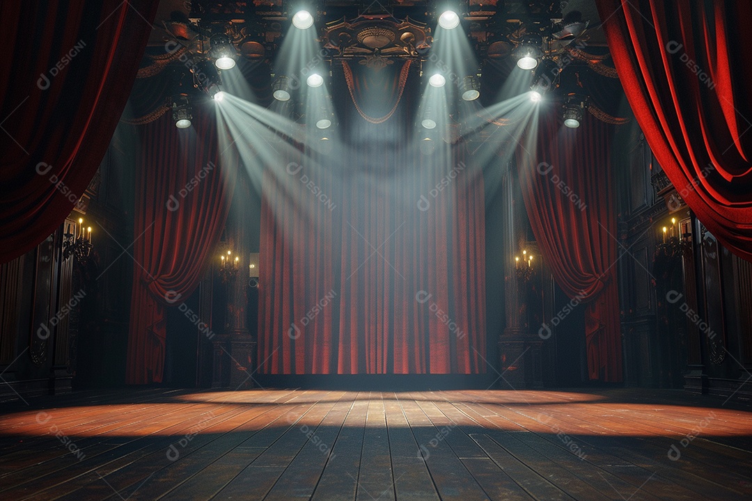 Palco de teatro com cortinas vermelhas e holofotes