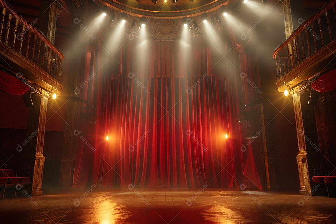 Palco de teatro com cortinas vermelhas e holofotes