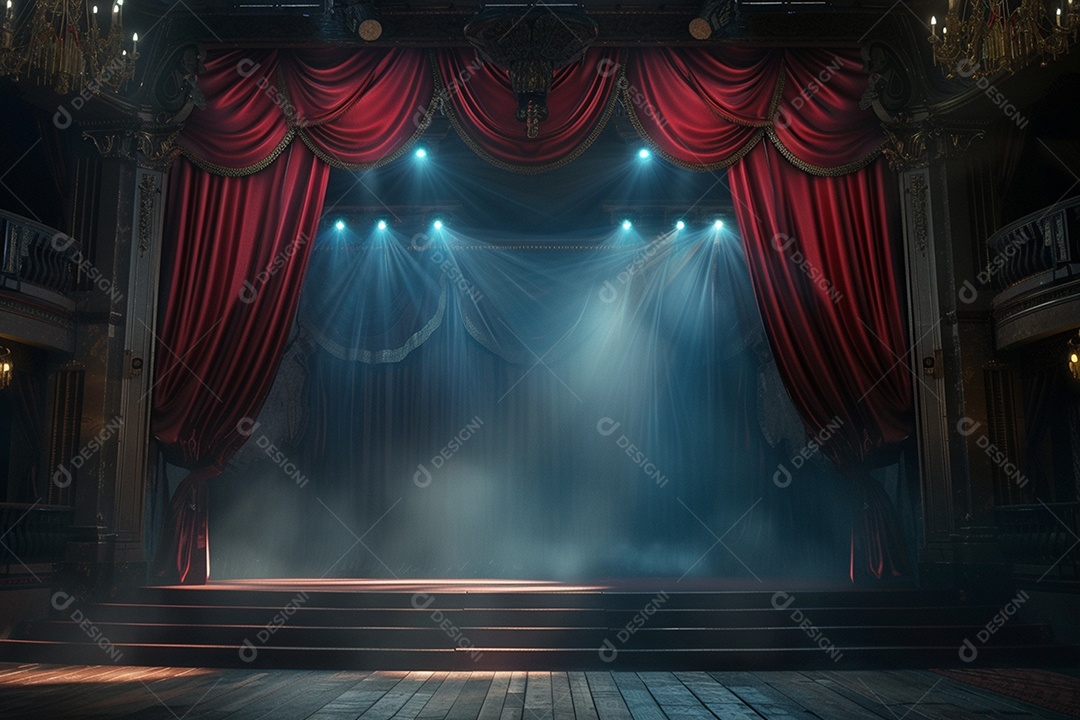 Palco de teatro com cortinas vermelhas e holofotes