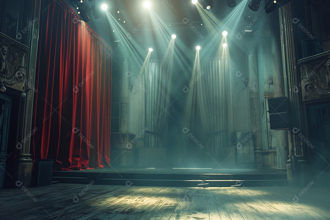 Palco de teatro com cortinas vermelhas e holofotes