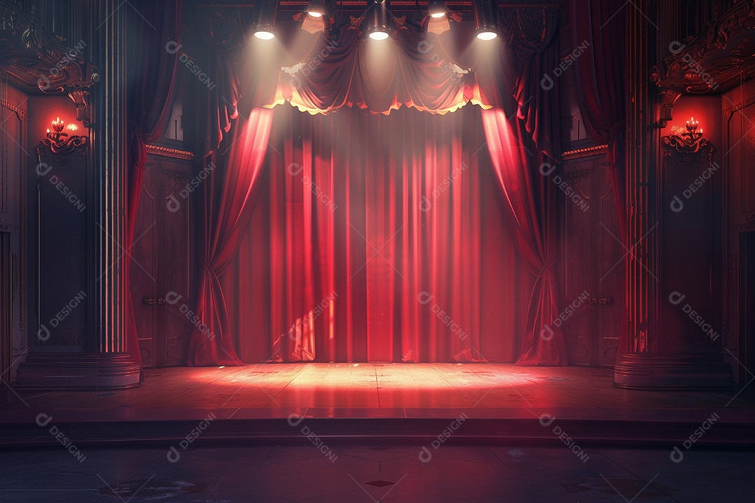Palco de teatro com cortinas vermelhas e holofotes