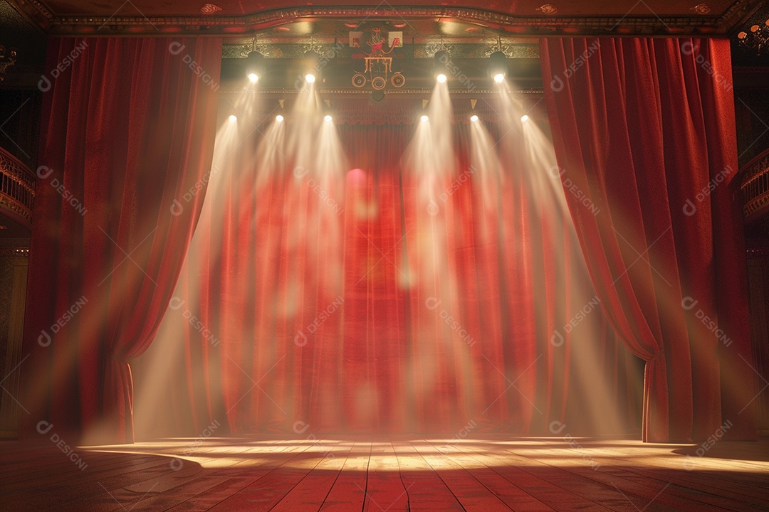 Palco de teatro com cortinas vermelhas e holofotes