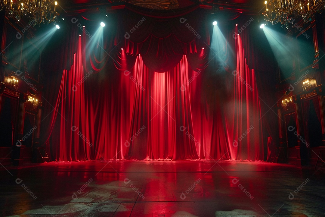Palco de teatro com cortinas vermelhas e holofotes