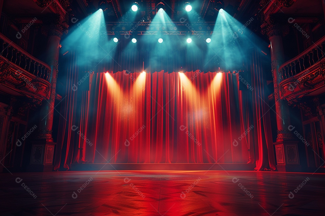 Palco de teatro com cortinas vermelhas e holofotes