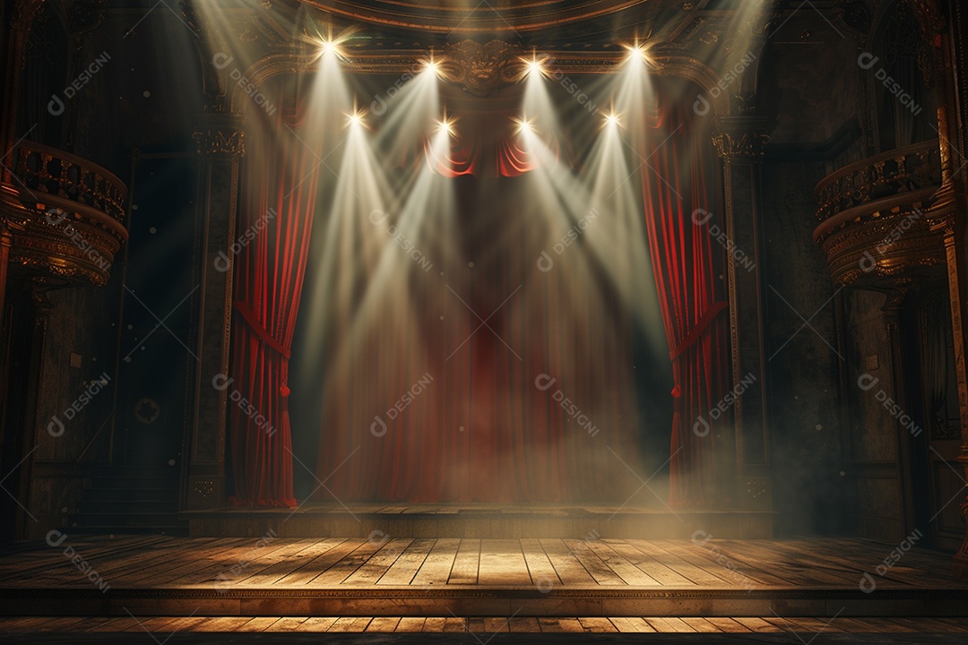 Palco de teatro com cortinas vermelhas e holofotes