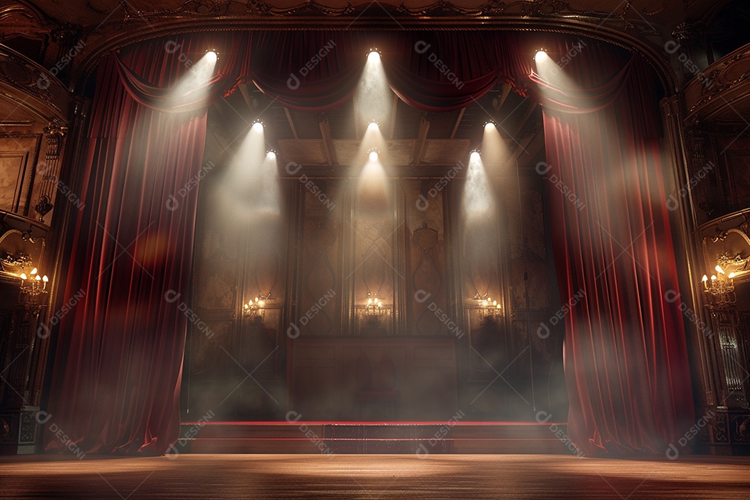 Palco de teatro com cortinas vermelhas e holofotes