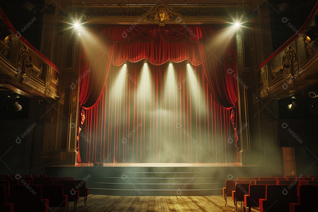 Palco de teatro com cortinas vermelhas e holofotes