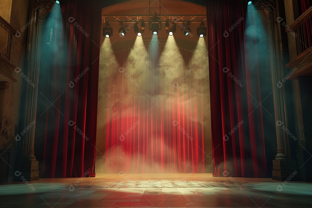 Palco de teatro com cortinas vermelhas e holofotes