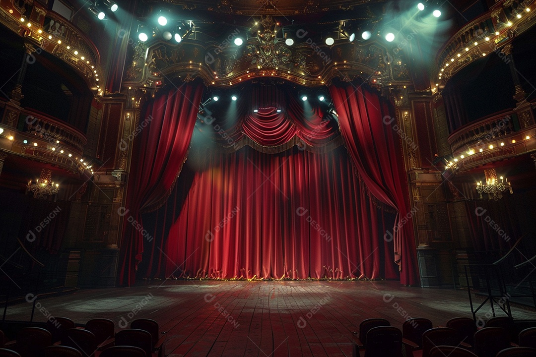 Palco de teatro com cortinas vermelhas e holofotes