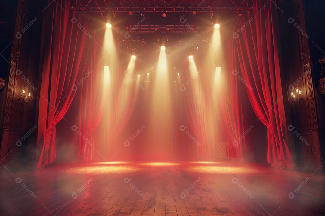 Palco de teatro com cortinas vermelhas e holofotes