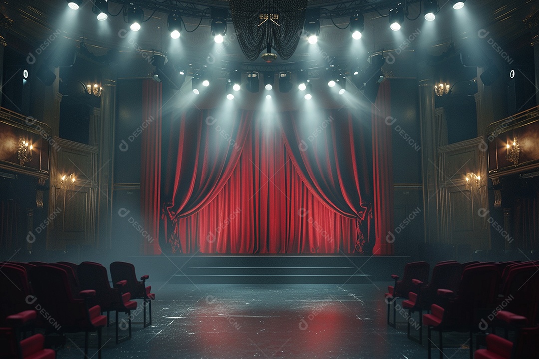 Palco de teatro com cortinas vermelhas e holofotes