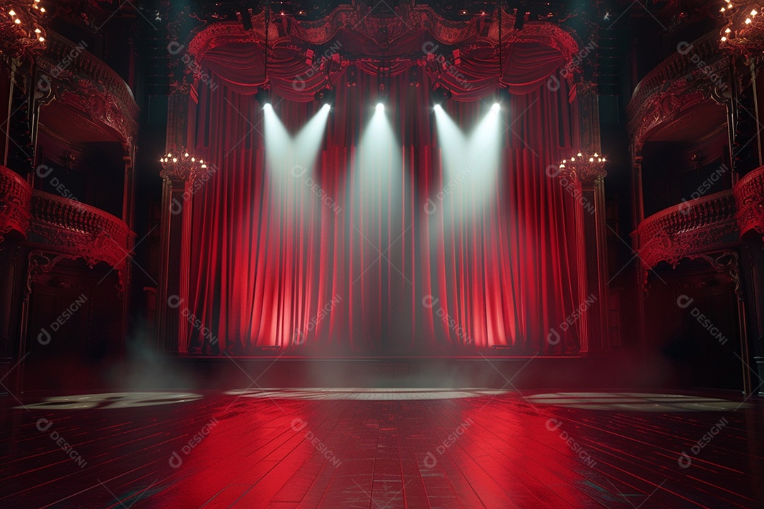 Palco de teatro com cortinas vermelhas e holofotes