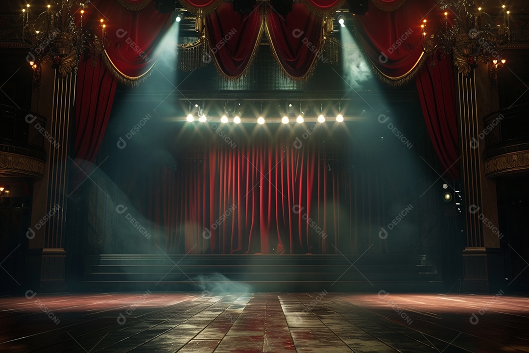 Palco do teatro com cortinas vermelhas e holofotes
