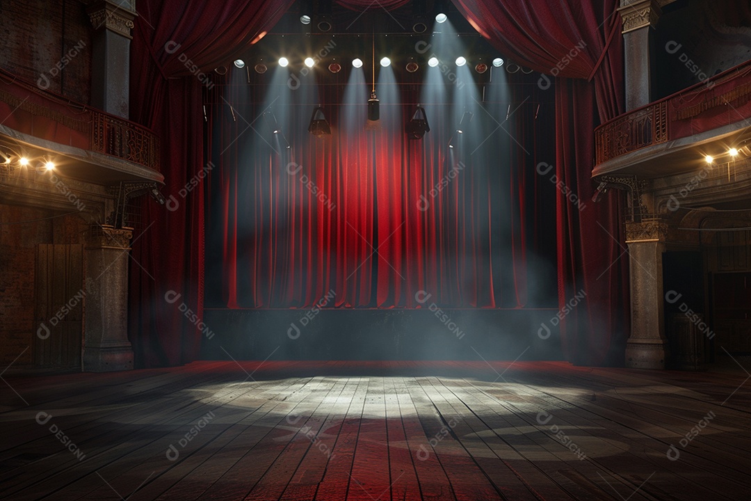 Palco do teatro com cortinas vermelhas e holofotes
