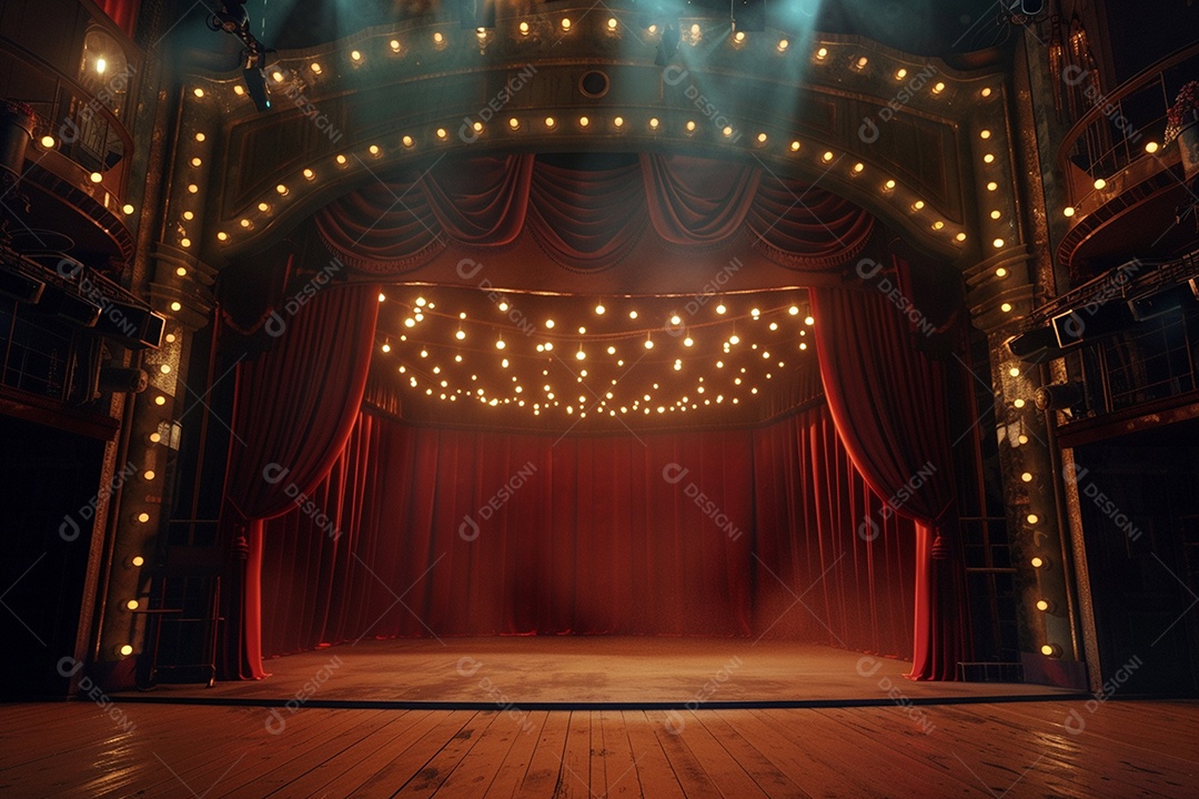 Palco do teatro com cortinas vermelhas e holofotes