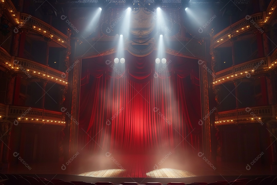 Palco do teatro com cortinas vermelhas e holofotes