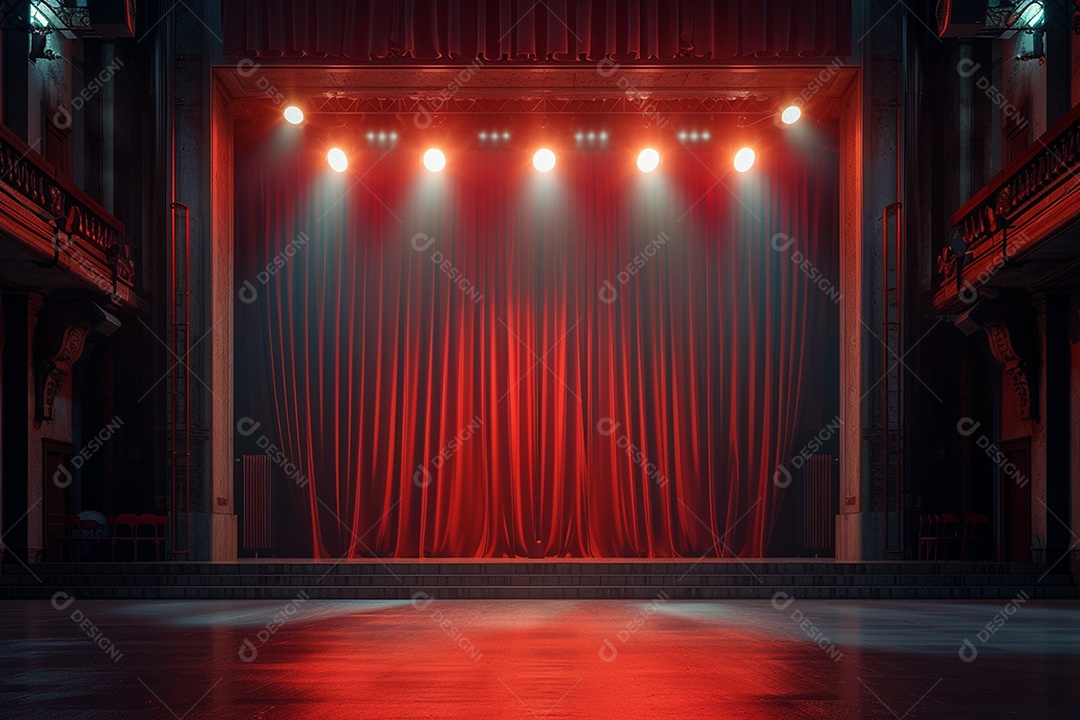Palco do teatro com cortinas vermelhas e holofotes