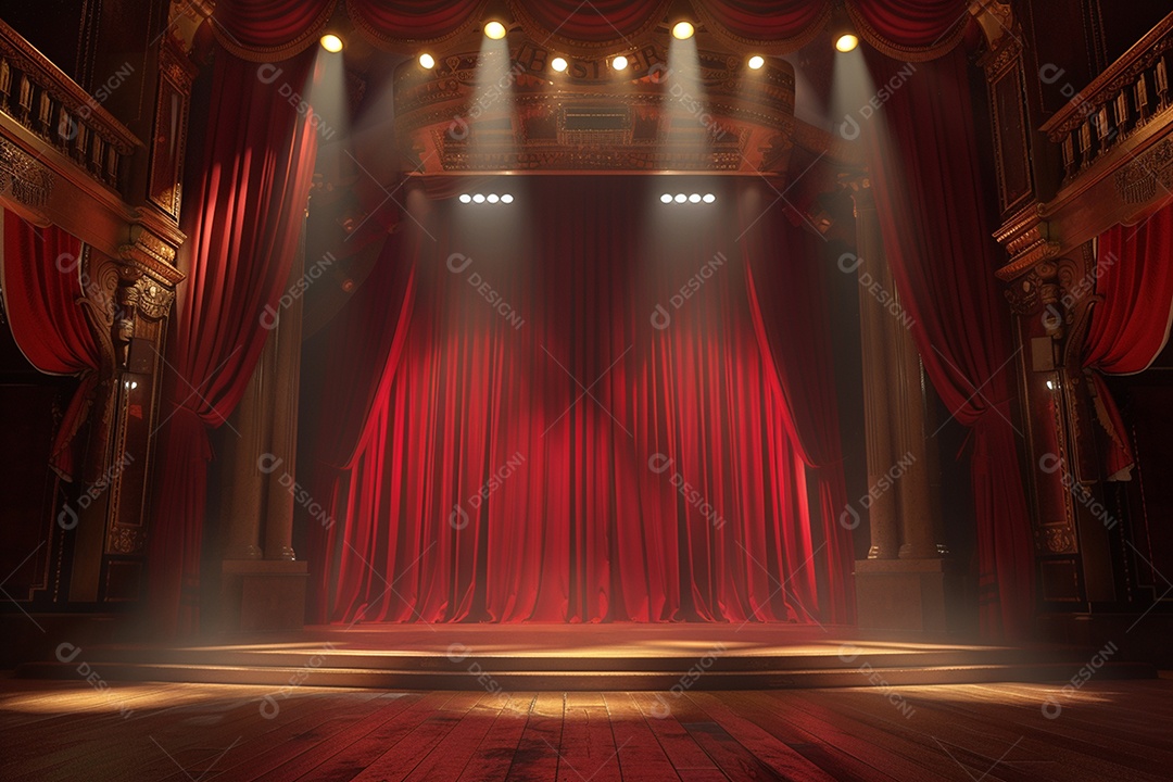 Palco do teatro com cortinas vermelhas e holofotes