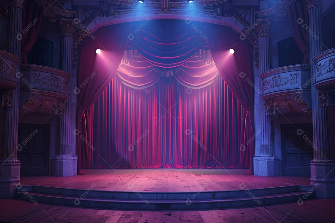 Palco do teatro com cortinas vermelhas e holofotes