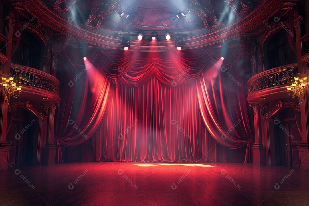 Palco do teatro com cortinas vermelhas e holofotes