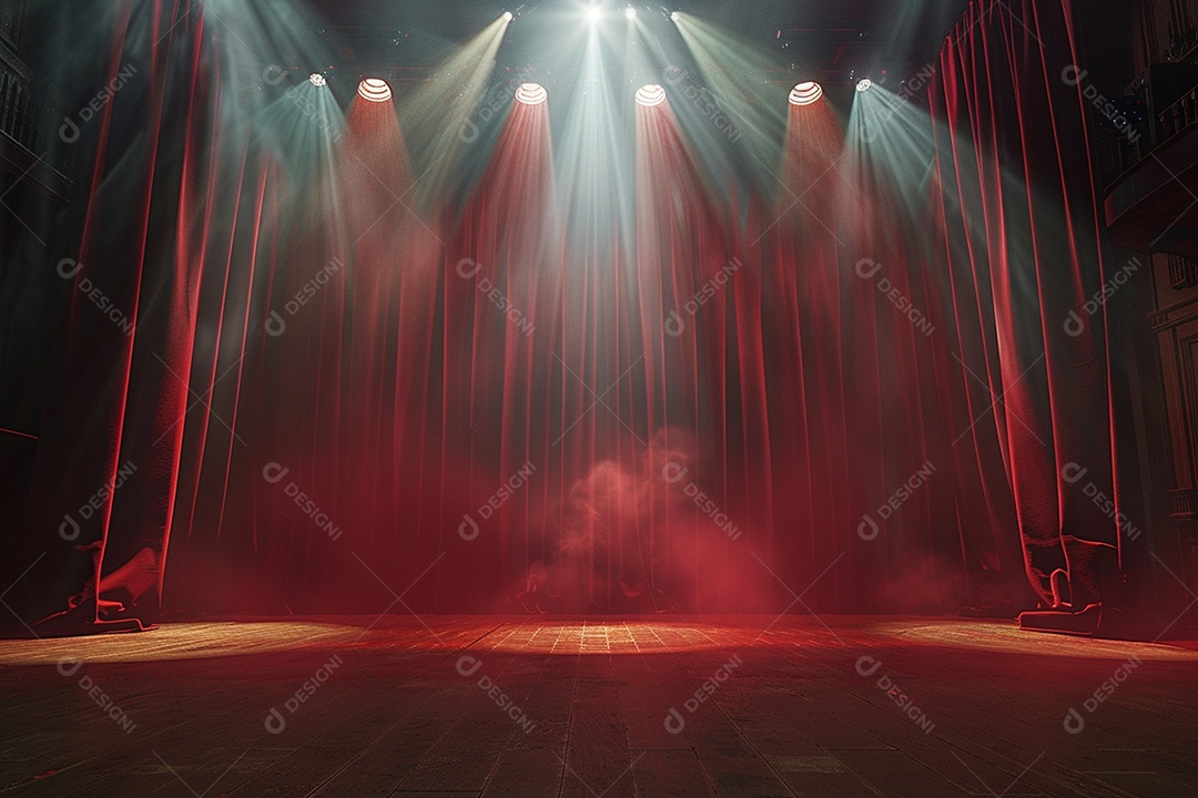 Palco do teatro com cortinas vermelhas e holofotes