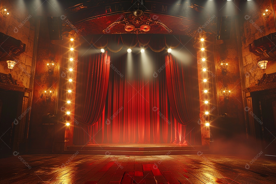 Palco do teatro com cortinas vermelhas e holofotes