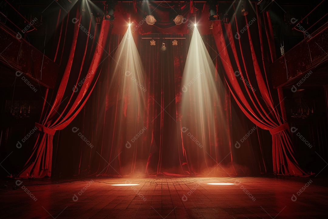 Palco do teatro com cortinas vermelhas e holofotes